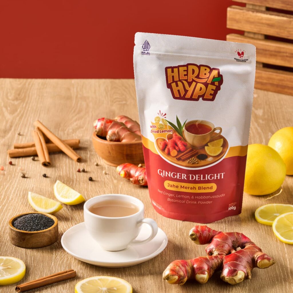 herbahype ginger delight jahe merah dengan habbatussauda dan dried lemon | minuman serbuk jahe merah instan sugar free tanpa gula | 100gr